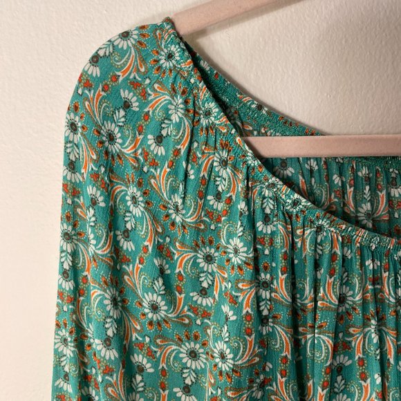 🔥 Democracy | Green/Orange Floral Patterned Boho Peasant Blouse Small - Picture 3 of 5
